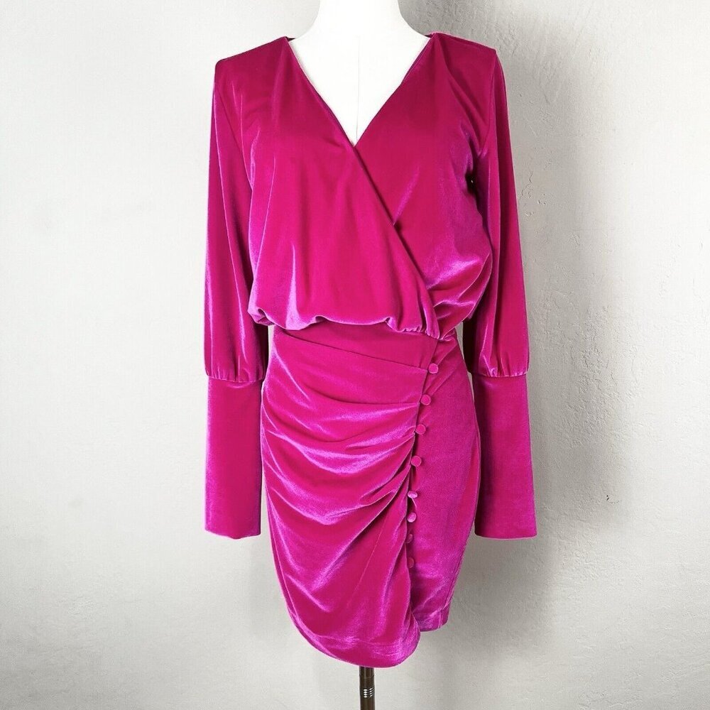 NBD Revolve Mini‎ Dress Fuchsia Pink Velvet Long Sleeve V-Neck Size XS NEW